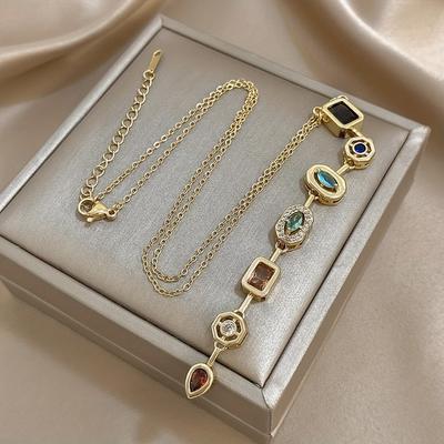 Collana Pendente Lunga Elegante Retrò per Donna con Catena in Zircone Sintetico Colorato Perfetta per l'Uso Quotidiano Gioielli da Festa Regali