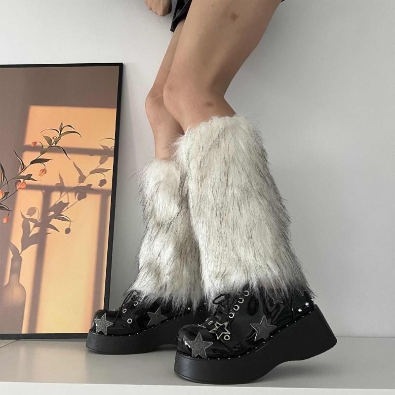 Fuzzy Faux Furs Leg Warmers Furs Heels Long Boots Cuffs Cover Has Elastic One Pair Carnivals Boot Cover Y2K JK Uniform