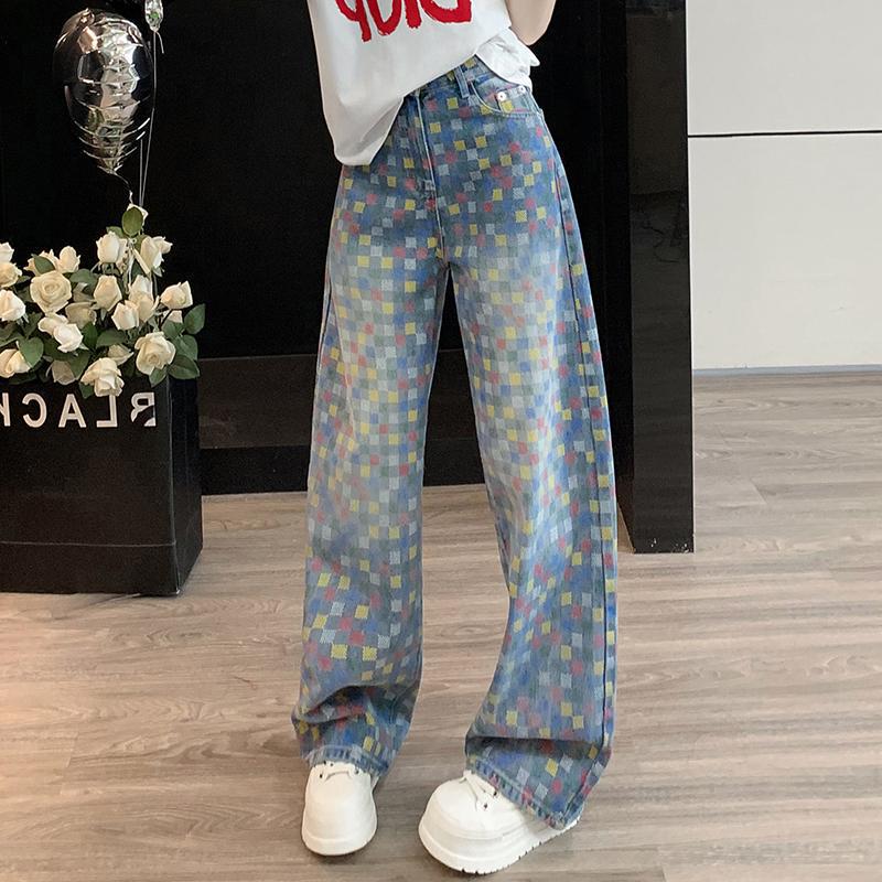Korean Retro Plaid Patchwork High Waist Wide Leg Jeans for Women - Autumn Style M