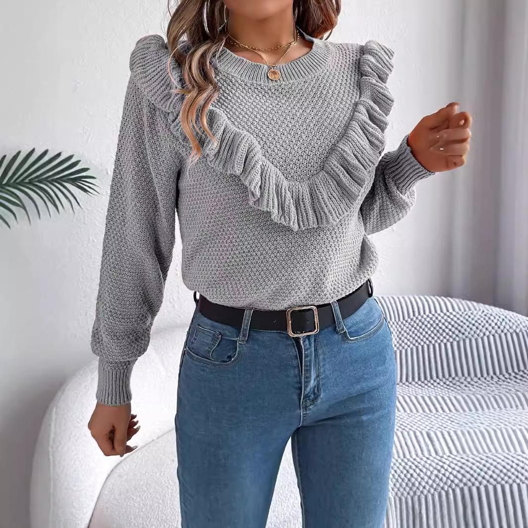 

GMXIA Elegant Solid Color Ruffled Long-sleeved Pullover Sweater for Women s Autumn and Winter XL серый