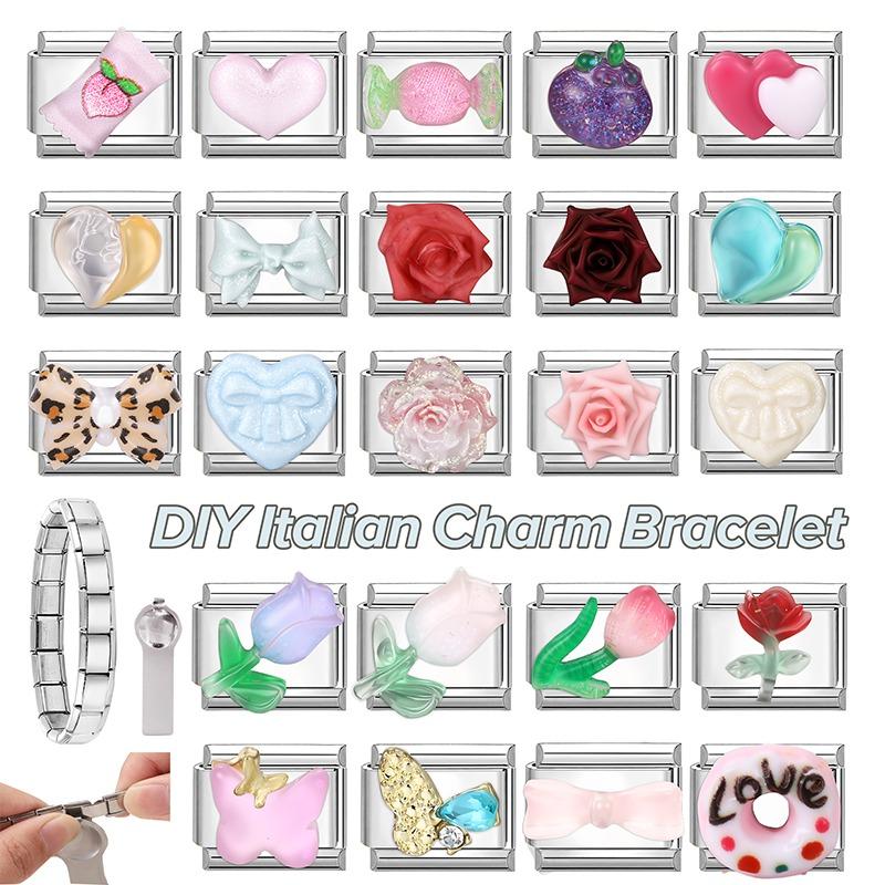 Colorful Crystal Candy Love Rose Flower Tulip Butterfly Fit 9mm Italian Charms Bracelet Stainless Steel Jewelry DIY Making Gifts