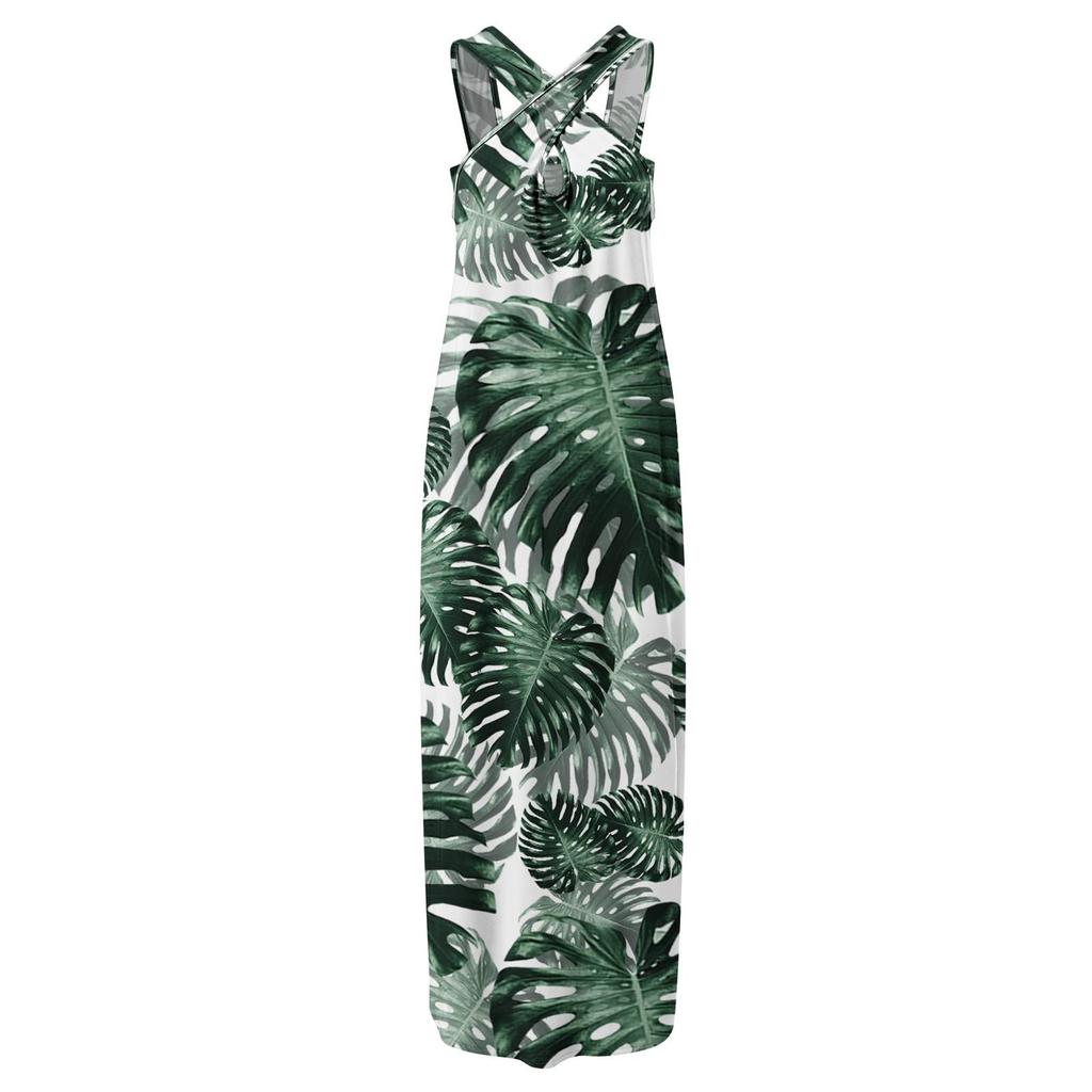 Fashion Women Casual Cross Neck Loose Print Pocket Long Dress Sleeveless Open Dress