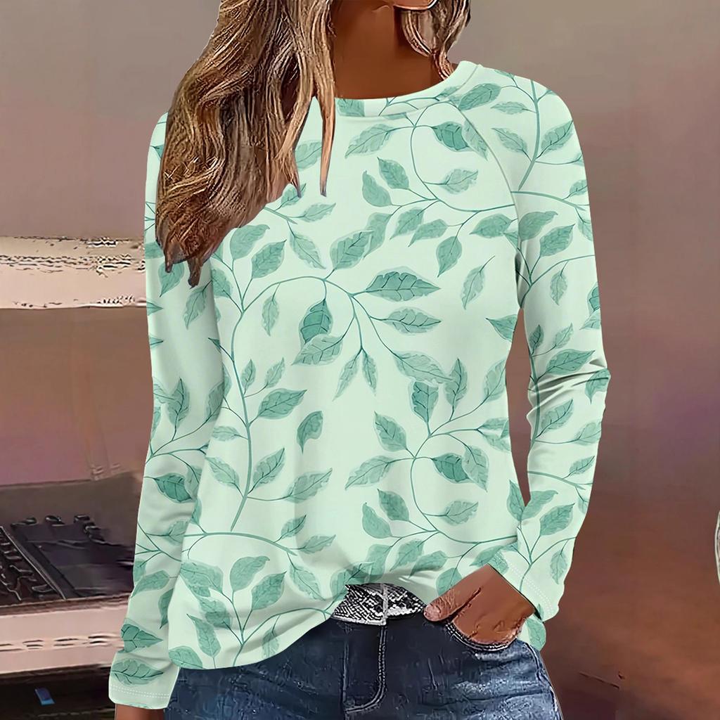 Round Neck 3D Flower Pattern Top Casual Long Sleeved Women's T-shirts - Soft Medium Stretch Polyester Fabric Spring and Autumn Relaxed Fit Clothing