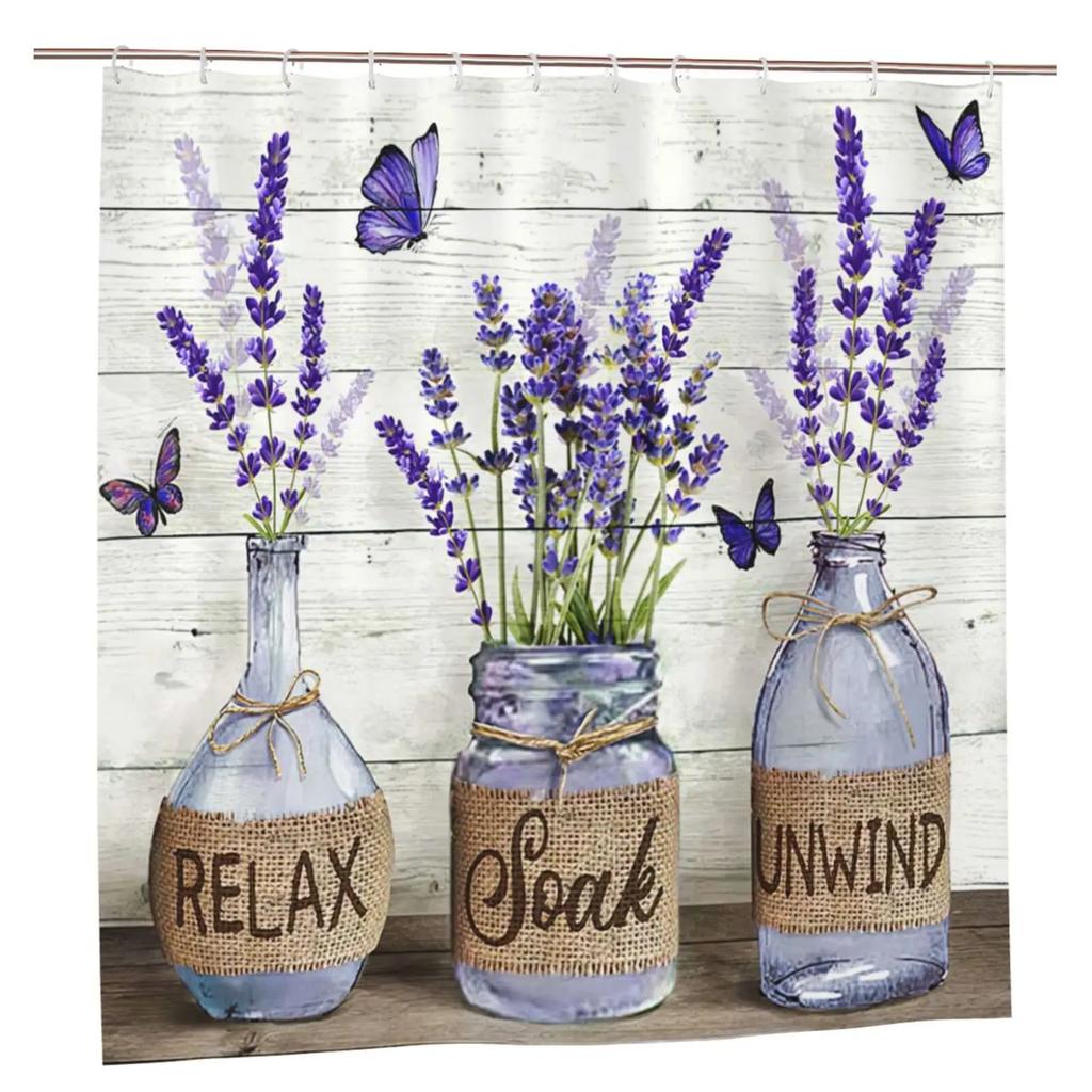 Lavendel-Duschvorhang mit Haken, wasserdicht, Polyestergewebe, lila Blumen, Pflanzen, Badezimmer, Badewannenvorhänge für Badezimmerwanne