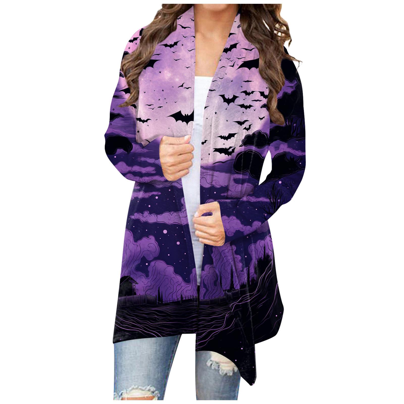 

Женская мода, повседневный кардиган с цветочным принтом на Хэллоуин, куртка средней длины, пальто XXXXL фиолетовый