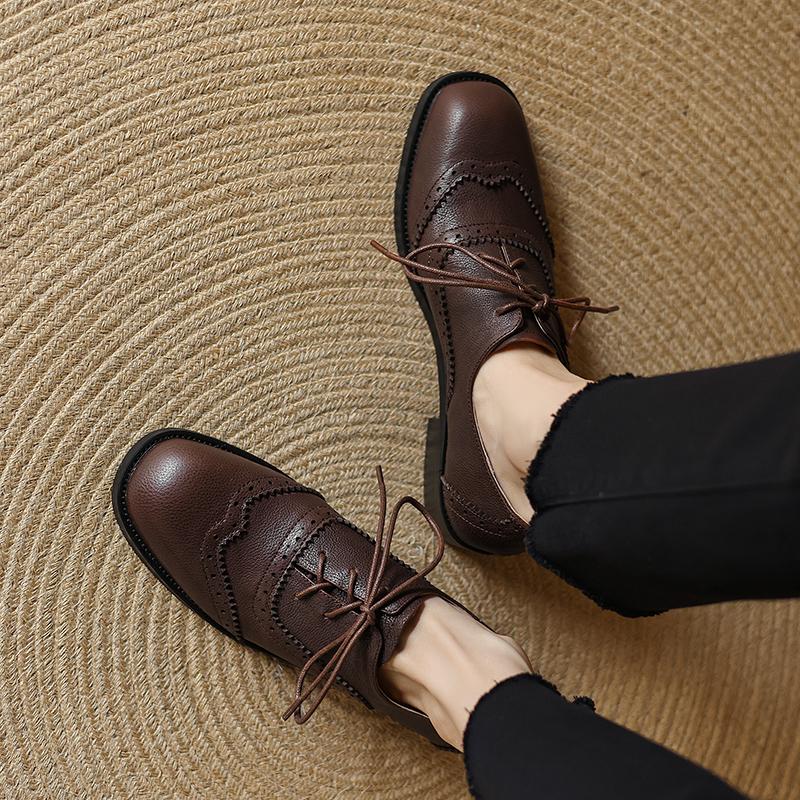 Krazing Pot Cow Skin Autumn Winter Brogues Shoes Lace Up Low Heels Size 42 Round Toe Oxford Shoes Carving Decoration Pumps
