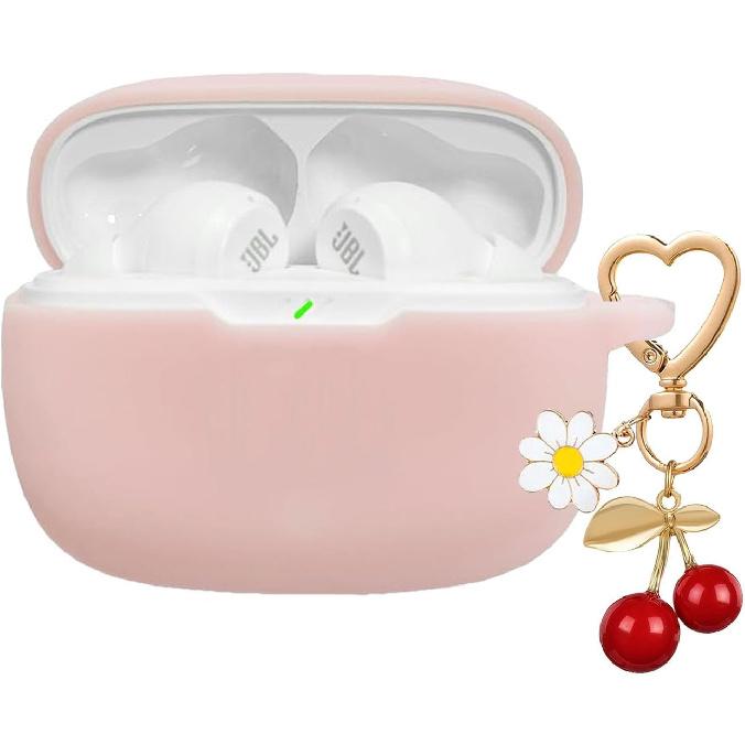 for JBL Vibe Beam 2 / JBL Vibe Beam Case Cover with Cute Cherry Daisy Flower Charm Keychain,Soft Silicone Protective Shock Cover for JBL Vibe 200TWS