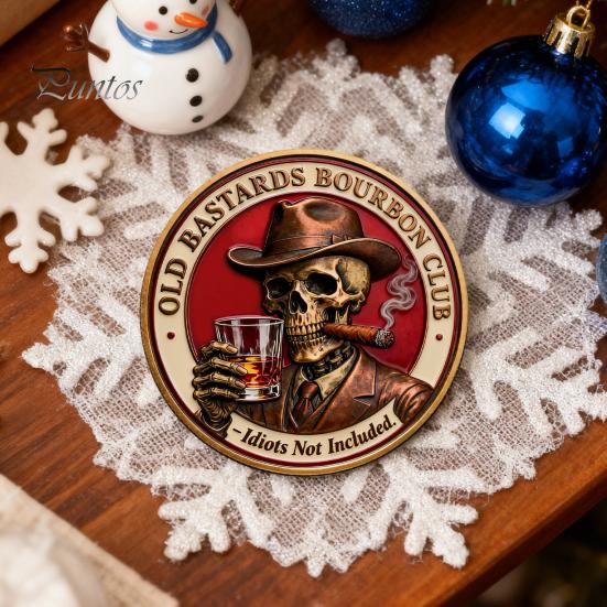 Whisky Club Souvenir Coin Old Bastards Bourbon Collectible Double-Sided Vintage Skull Theme Collectors Keepsake Token Gift Cowboy Hat