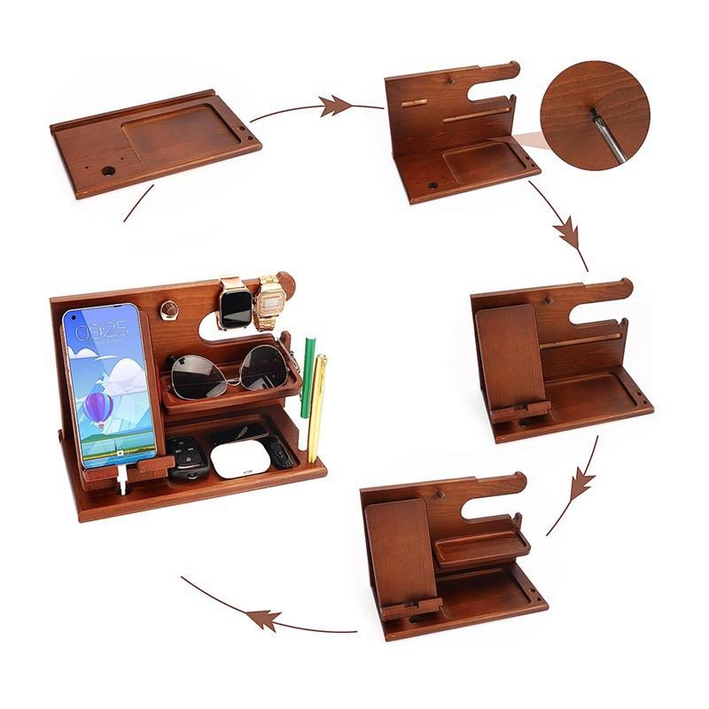 Wooden Bedside  Wood Phone Docking Station  Holder Wallet Stand Watch Storage Rack Valentines Multifunctional Wooden phone stand