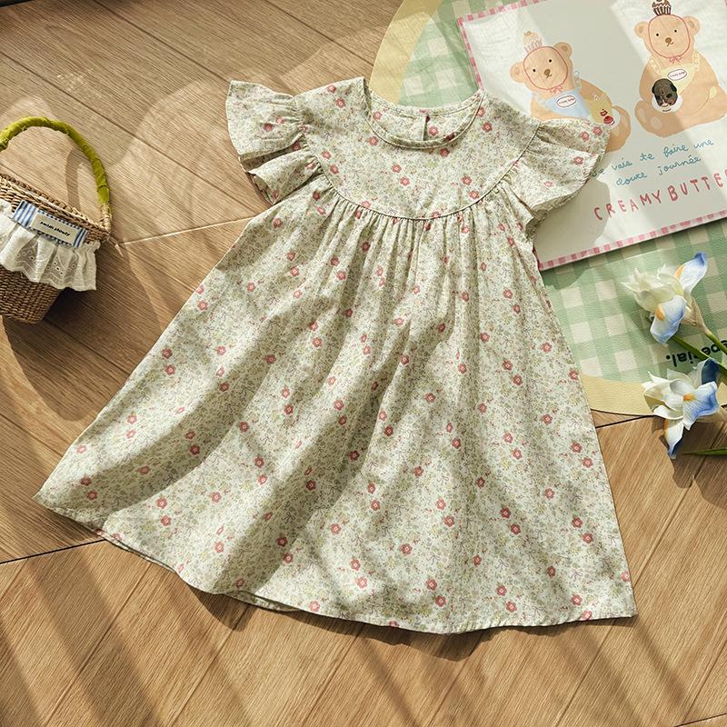 Summer Girls Floral Cotton Dress Sweet Round Neck Flutter Sleeve Princess Casual Dress For Kids 90cm