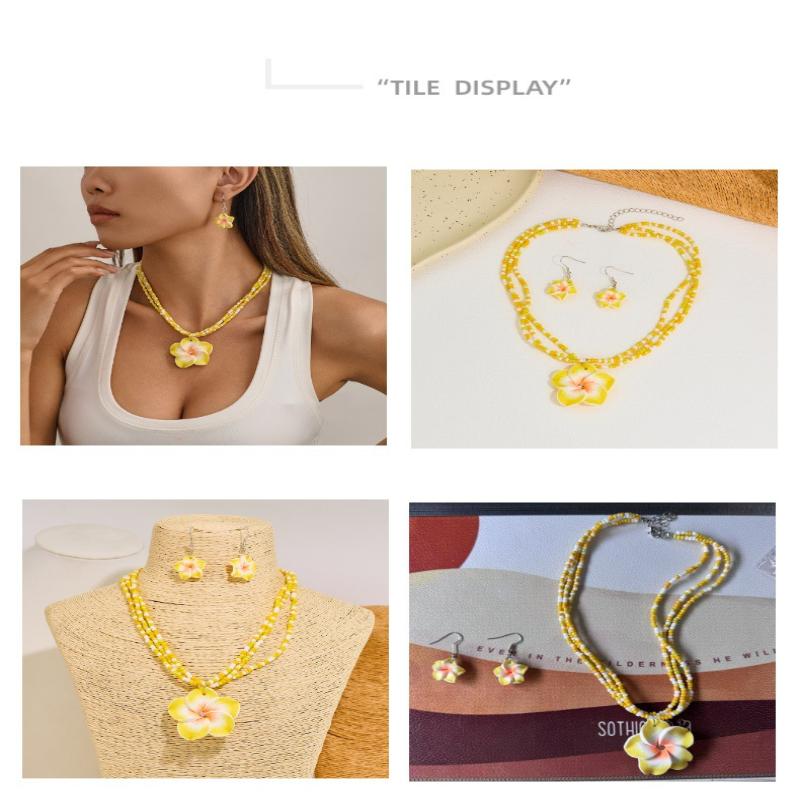 Polymer Clay Flowerwomen Jewelry Set Cute  Seaside Beach Colorful Flower Earrings Girls Sweet Beaded Chain Necklace Girl