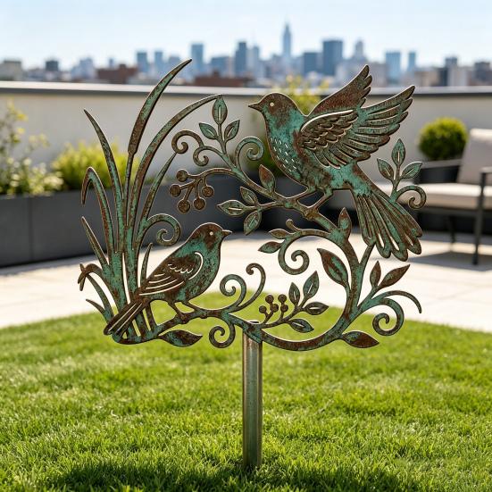 Courtyard Landscape Ornament Metal Bird Garden Stake, Weather Resistant Iron Yard Art Ornament, Decorative Stake Retro Patina Finish Sign for Outdoor