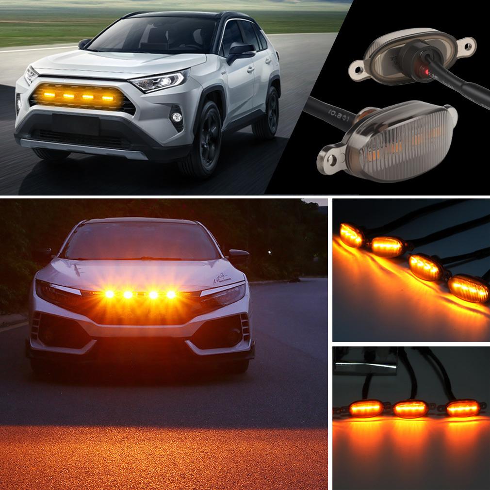4Pcs/set Universal Car Front LED Grille Light Smoked Yellow Amber Lights Wire Harness Daytime Running Grill Light Fog Lamp for Off Road Truck SUV