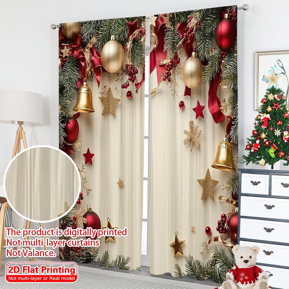 2D flat printing 2pcs Merry Christmas Party Curtains Stars and pine branches Fabric Without Electricity Family Party for Holiday