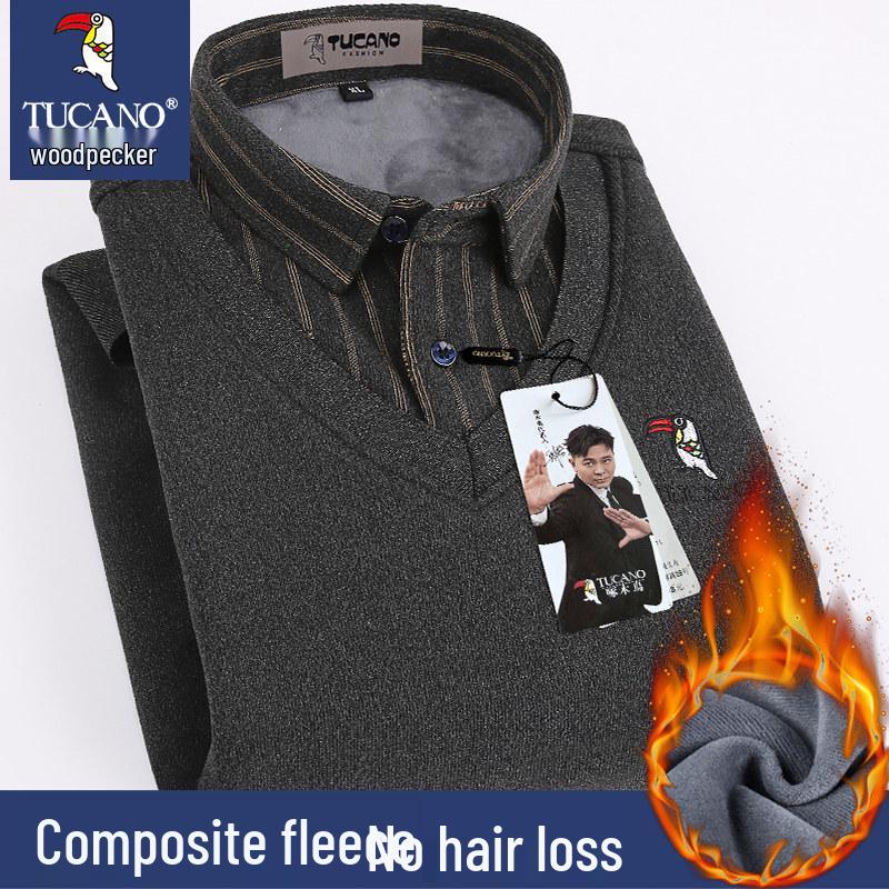 Woodpecker Men's Fleece-Lined Long Sleeve Two-in-One Thick Shirt Sweater for Dad