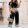 Damen Große Größen Rundhals Kurzarm Bedrucktes Crop Top Schwarz Gold Silber Weit Bein Hosen Zweiteiliges Set