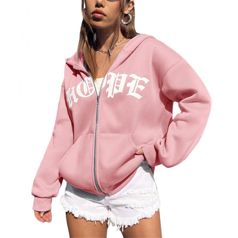 Unisex Oversized Zip-Up Hoodie With Letter Print Cotton Blend Warm Casual Sweatshirt