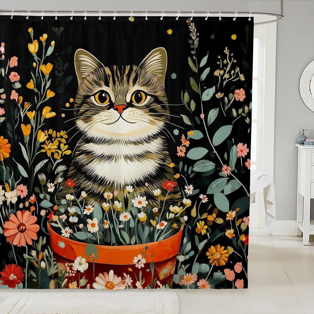 Cute Cats Shower Curtain for Kids Girls Teens Blue Floral Green Leaves Bathroom Accessories Home Garden Pets Animals Rustic Bath