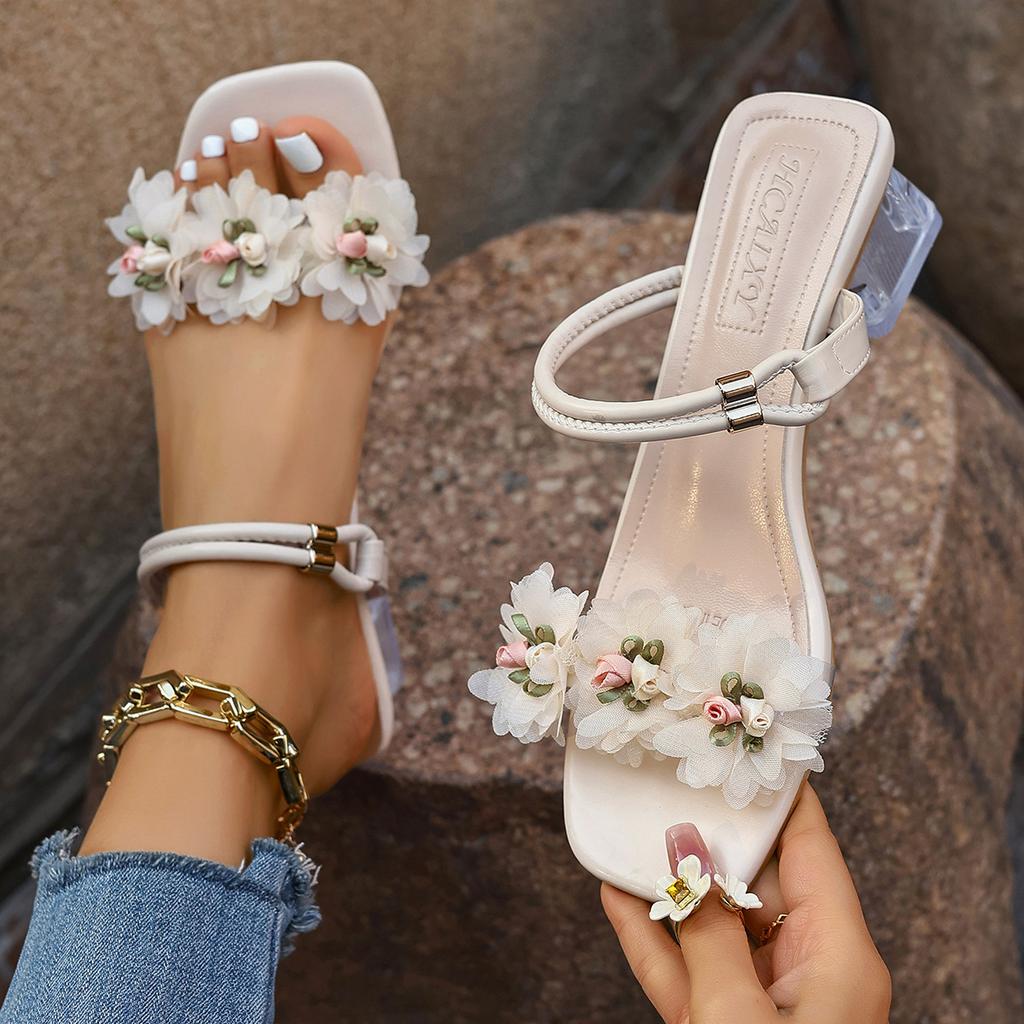 Summer Women High Heel Sandals Crystal Buckle Thick Heel Slippers Fashionable Floral Sandals Designer Rubber Sole Simple Shoes