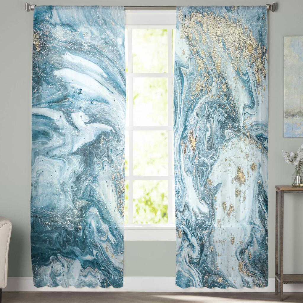 Marble Blue And Gold Abstract Sheer Voile Window Curtains Tulle Curtains Living Room Balcony Decoration Drapes