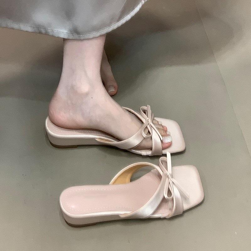 Square head cross one-word slippers women's summer bow with skirt cool slippers