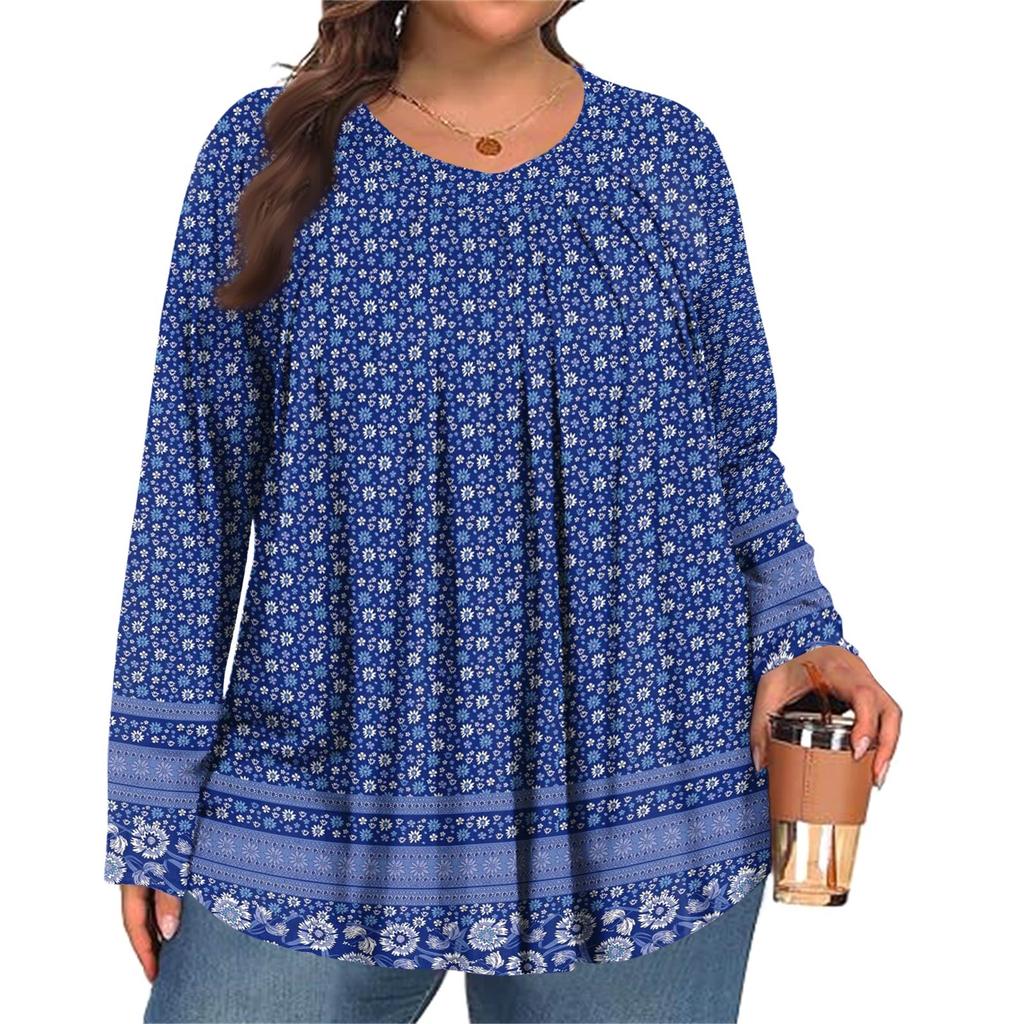 Women's Plus Size Fashion  Printed Casual Pleated Round Neck Long Sleeve Top