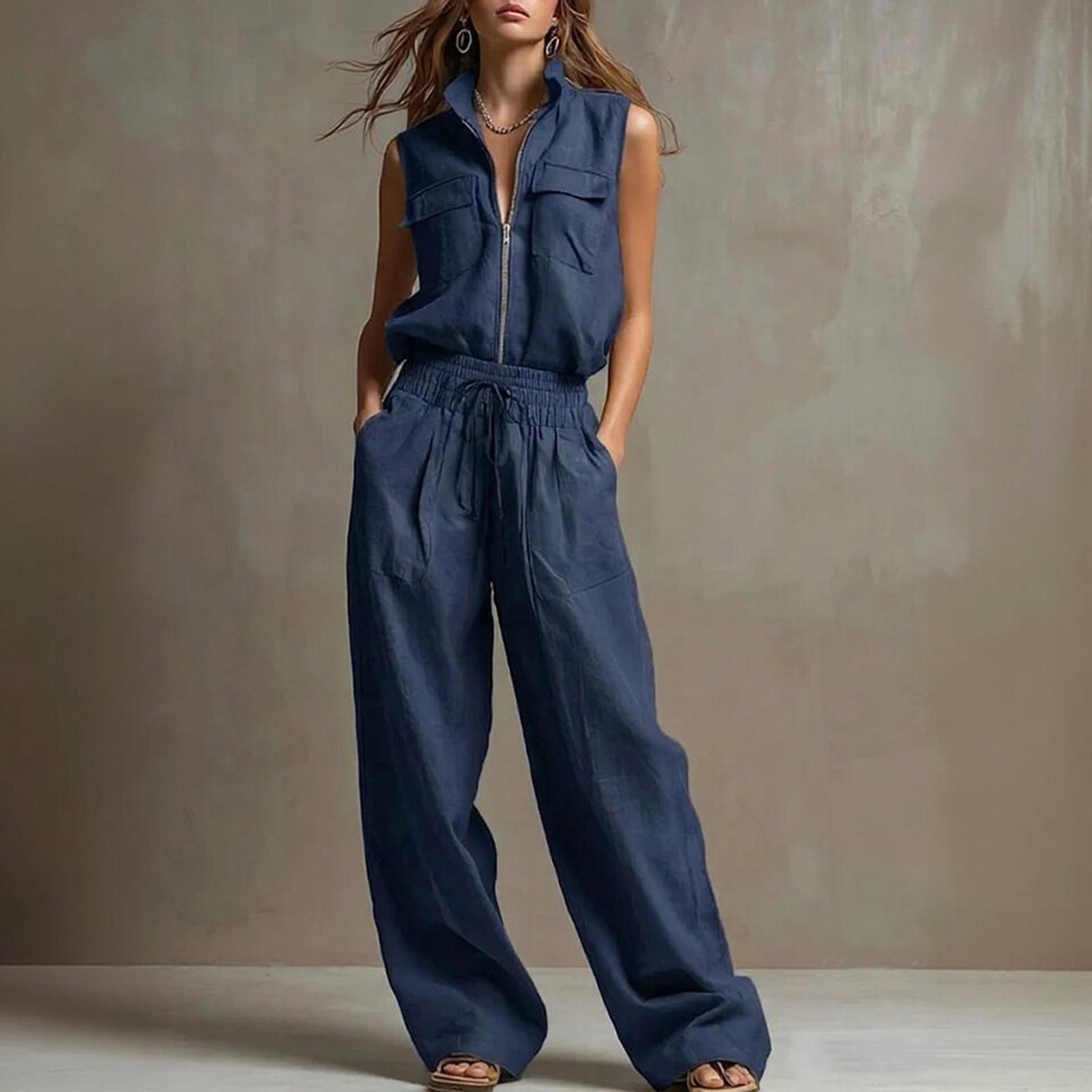 

Women s Fashionable Casual Sleeveless Shirt And Loose Pants Two-piece Set L темно-синий