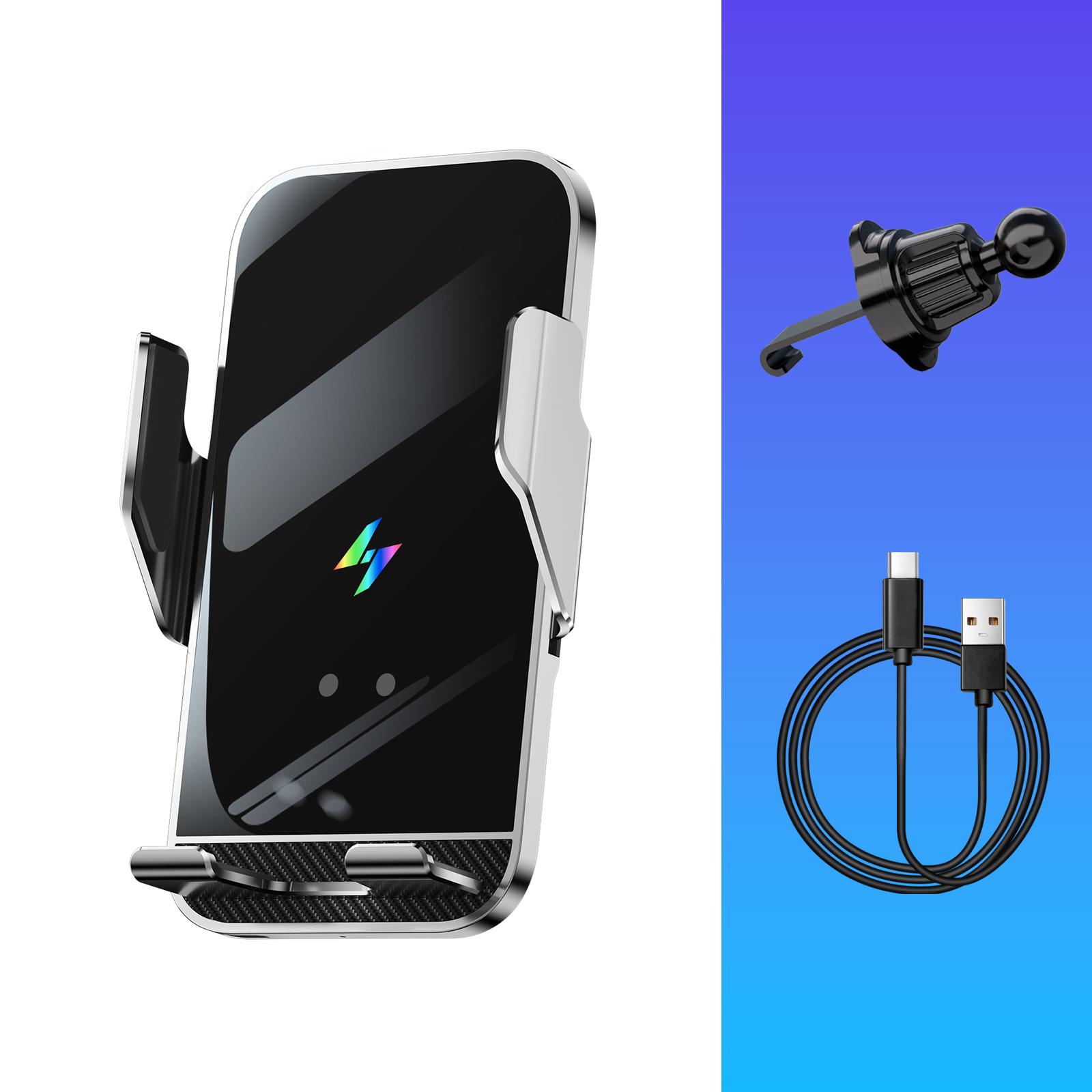 Car Wireless Charging Phone Holder Smart Sensing Fast Wireless Charger Phone Mounts 360° Rotation Inductive automatic clamping серебряный