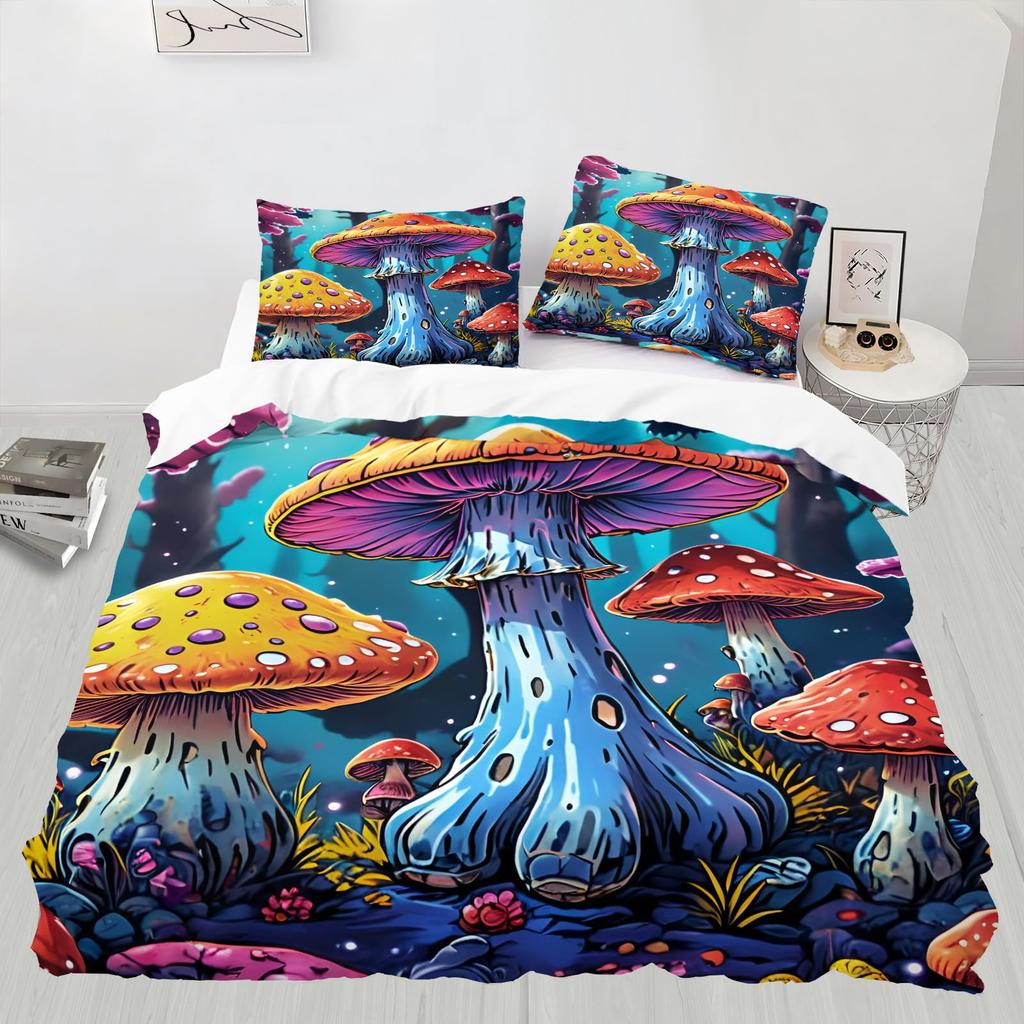 Fantasy-Pilz-Bettwäsche-Sets für Kinder Queen Leichte Steppdeckenbezüge Buntes Natürliches Wildpilz-Bettwäsche-Set Schlafzimmerdekoration