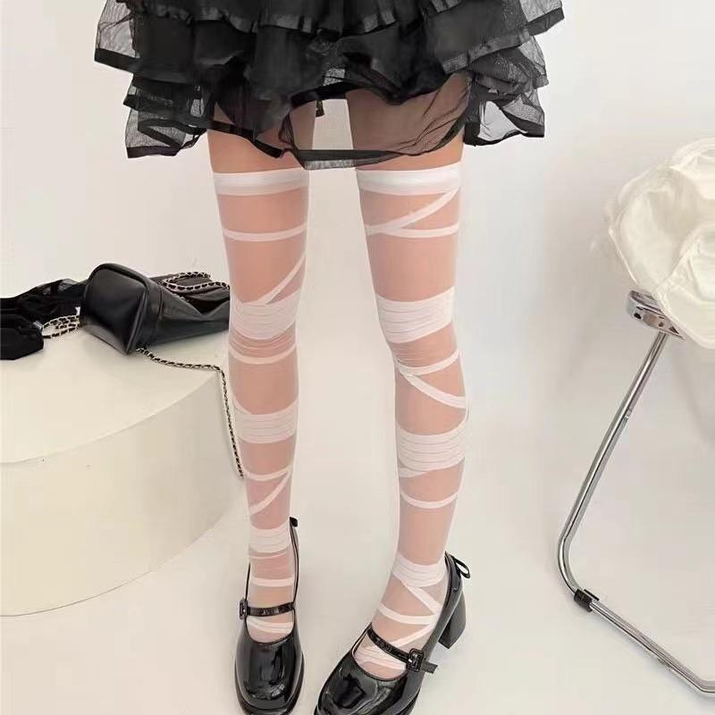 New Fashion Ultrathin Women Spicy Girl Bandage Stripe Long Sock Female Japanese Lolita Jk Sexy Summer Cross Tube White Stockings