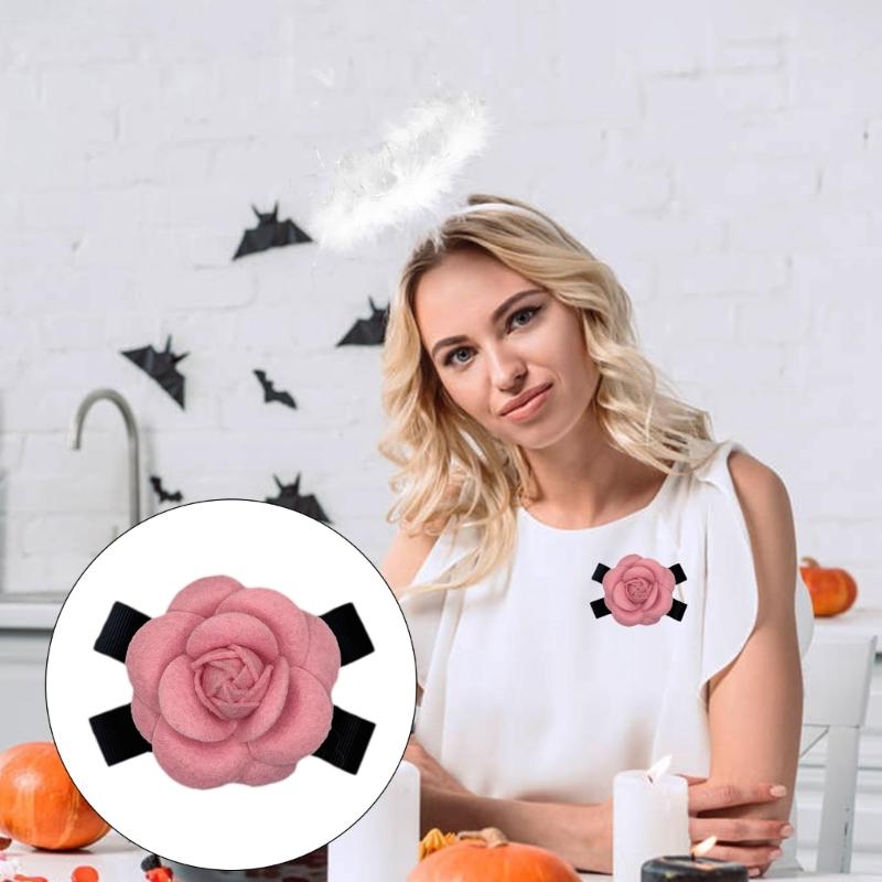Elegant Camellia Brooch Collar Pin with Bowknot Versatile Flower Accessory Charming Collar Lady Brooches