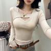 Women's Brushed Cotton Flannel V-Neck Slimming Long Sleeve Patchwork Top