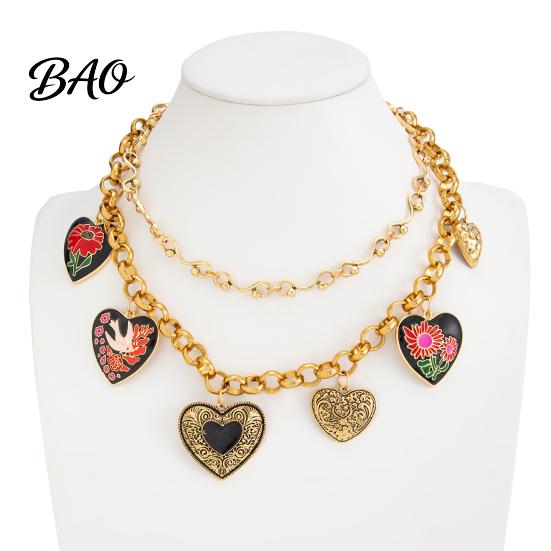 French Style Necklace Floral Heart Charms Necklace, Double Layer Vintage Chain Choker Oval Faux Non-allergenic Jewelry Diamond Ring, Enamel