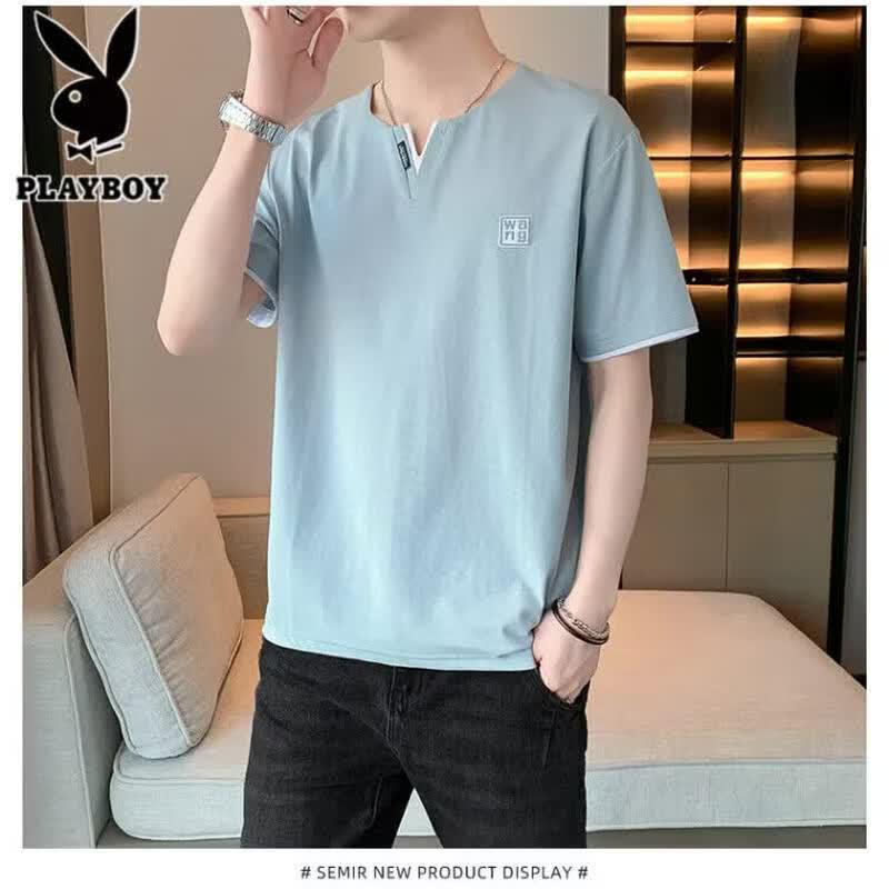 PLAYBOY Men's Ice Silk V-Neck Short Sleeve T-Shirt