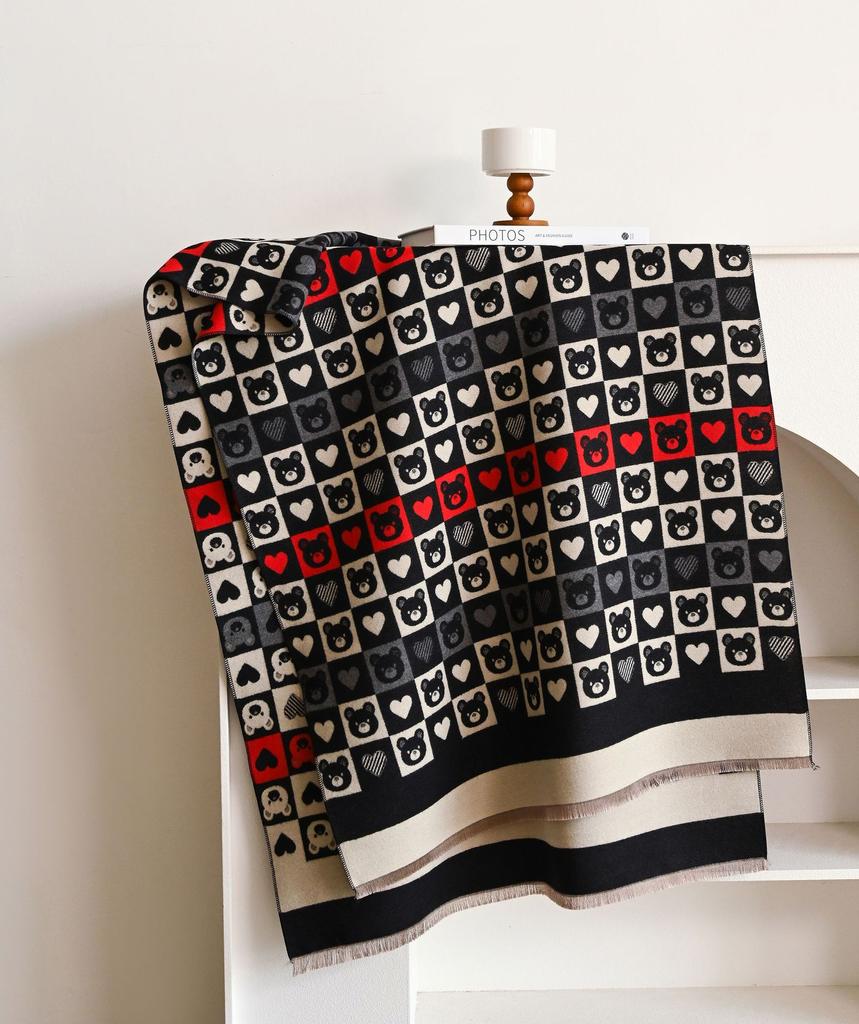 Cartoon Love Bear Imitation Cashmere Thermal Scarf Korean Sweet Fashion Versatile Long Shawl