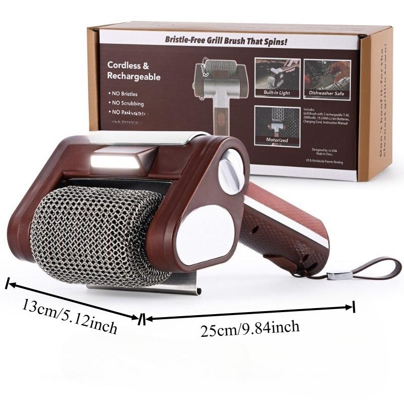 

304 Stainless Steel Electric Roller Barbecue Brush with LED Lights USB Charging ABS Handle Brushless Cleaning Barbecue Tools коричневый