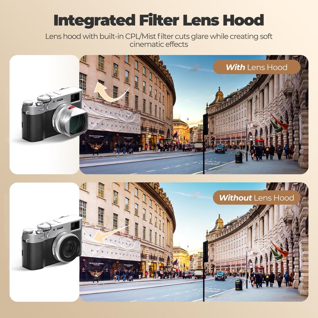 Freewell FUJI X100VI X100V X100 X100S X100F X100T Integrated Filter Lens Hood with Hybrid CPL Black Mist Silver & Filter, (FW-FU-XSR)