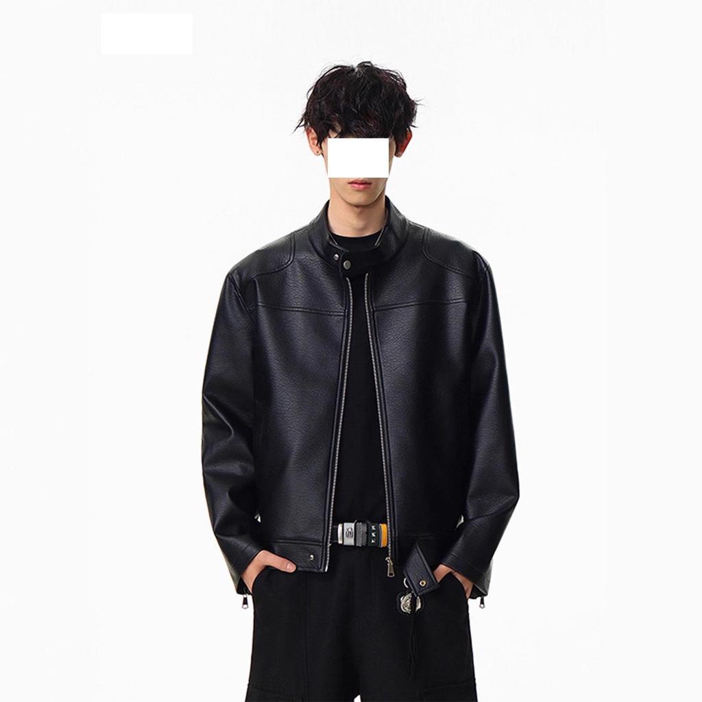 Men's High-End Black Leather Motorcycle Jacket with Shoulder Pads and Stand Collar