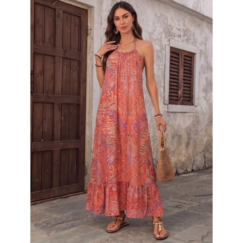 Bohemian Vacation Style Loose Abstract Print Halter Backless Long Dress For Women