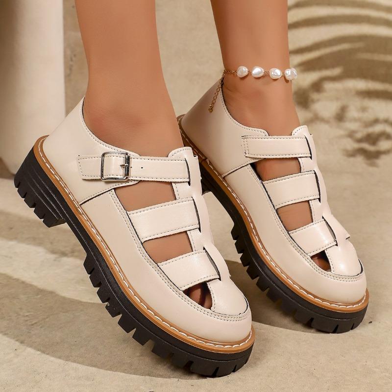 Women's Breathable Hollow Thick-Soled Loafers With Buckle Detail, Fashionable Comfortable Footwear, Available In Large Sizes.