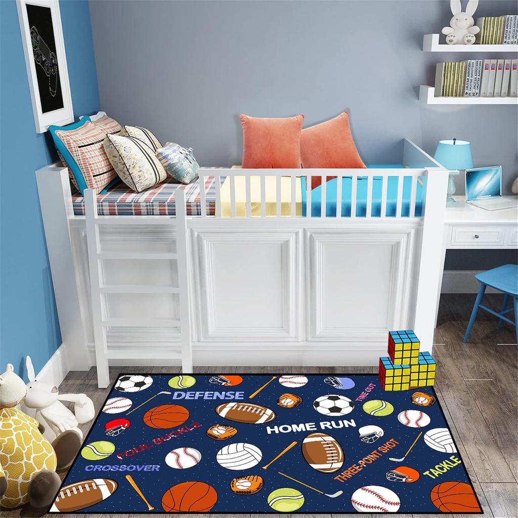 Navy Blue Sports Rug for Boys - Soccer Basketball Football Tennis Ball Kids Bedroom Decor, Non-Slip Playroom Carpet