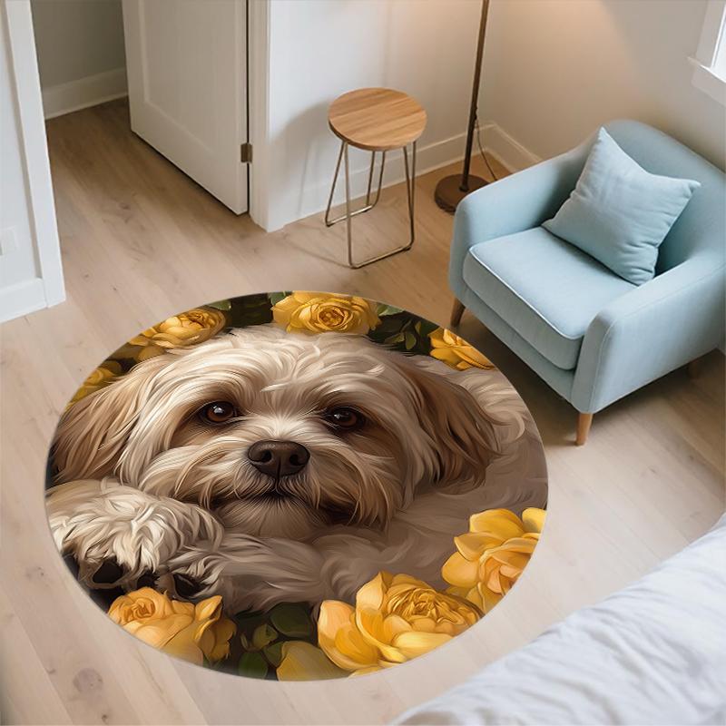 Shih Tzu and Roses Pattern Round rug,Carpet Rug for Living Room Bedroom Playroom ,Non-slip Floor Mat,Holiday Gifts and Birthday Gifts.