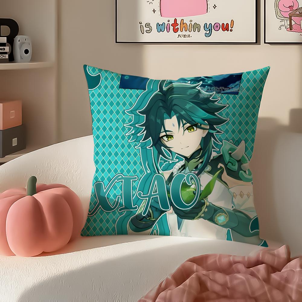 Game Genshin Xiao Cushion Cover Pillowcase Short Plush Invisible zipper Room Sofa Cushion Cover
