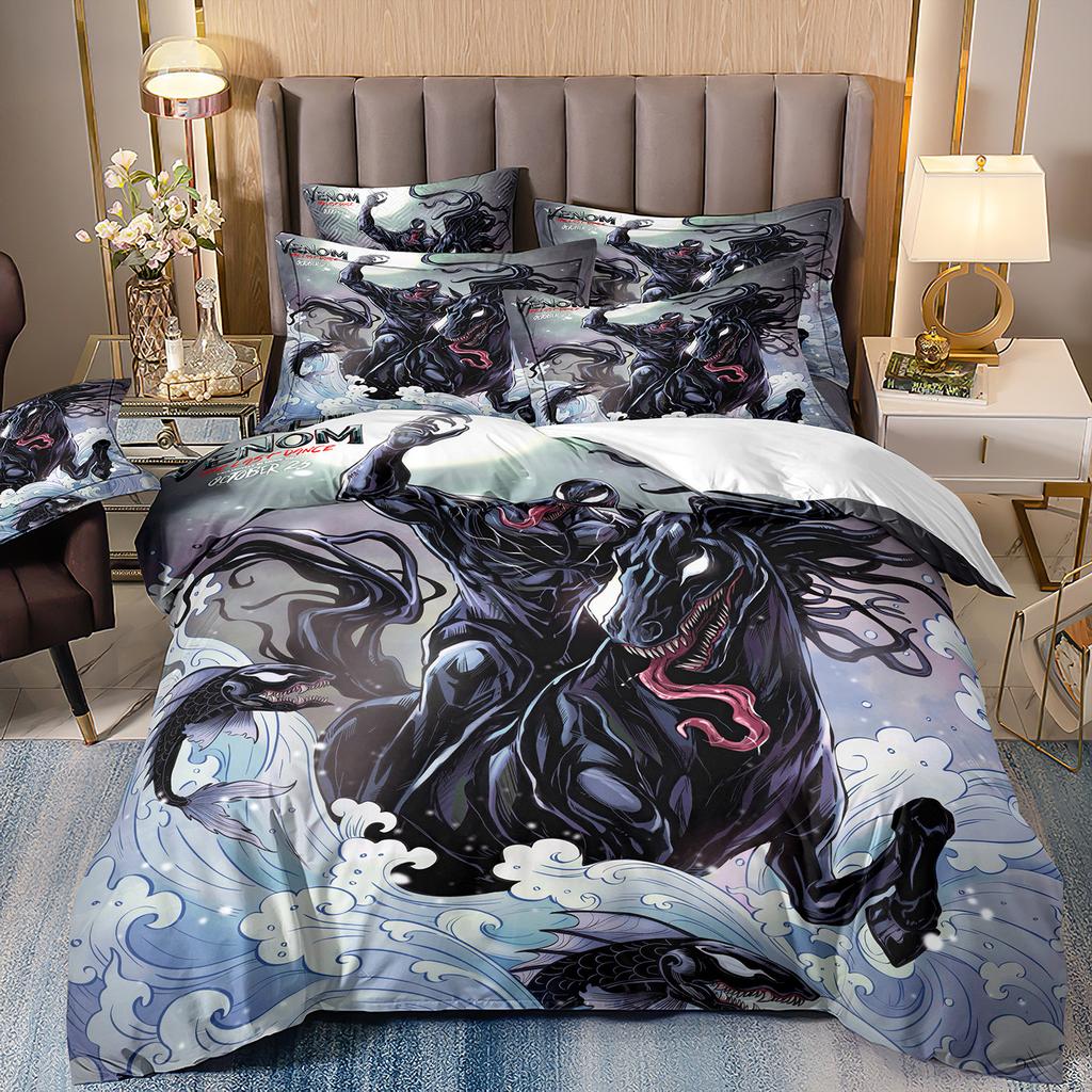 Venom Duvet Cover Set, Soft Microfiber 3D Print Black Bedding Sets Quilt Cover and 2 Pillowcases 50x75cm with Zipper Closure