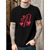 European Size Men's Casual Summer Short Sleeve T-Shirt- Chestnut Solid Color with Red Heart Letter A Pattern Print, Round Neck Regular Fit