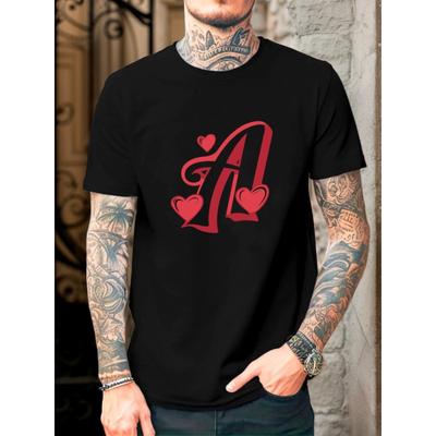 European Size Men's Casual Summer Short Sleeve T-Shirt- Chestnut Solid Color with Red Heart Letter A Pattern Print, Round Neck Regular Fit