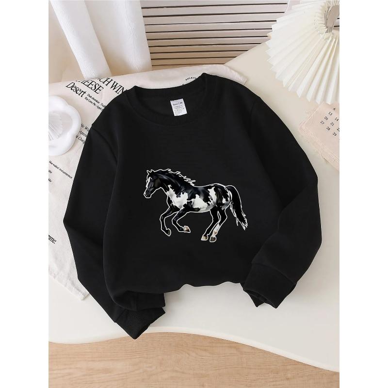 Taglie Europee Felpa Girocollo Bambino - Stampa Fantasia Cavalli Bianco e Nero, Abbigliamento Sportivo e Casual, Morbida e Confortevole, Abbigliamento per Bambini