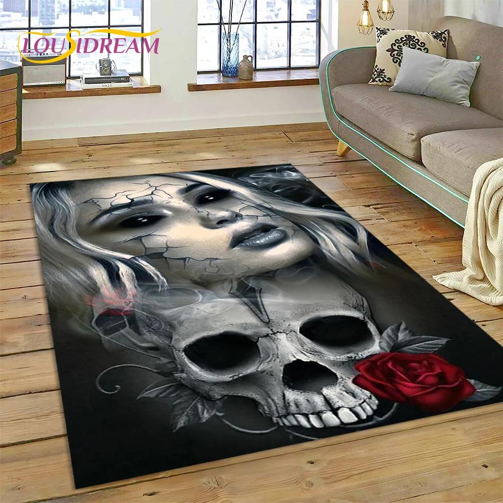 Skull Dead Girl 3D Gothic Horror Female Rose Rug Carpet for Living Room Bedroom Decor,Non-slip Decoration for Sofa Doormat Gift