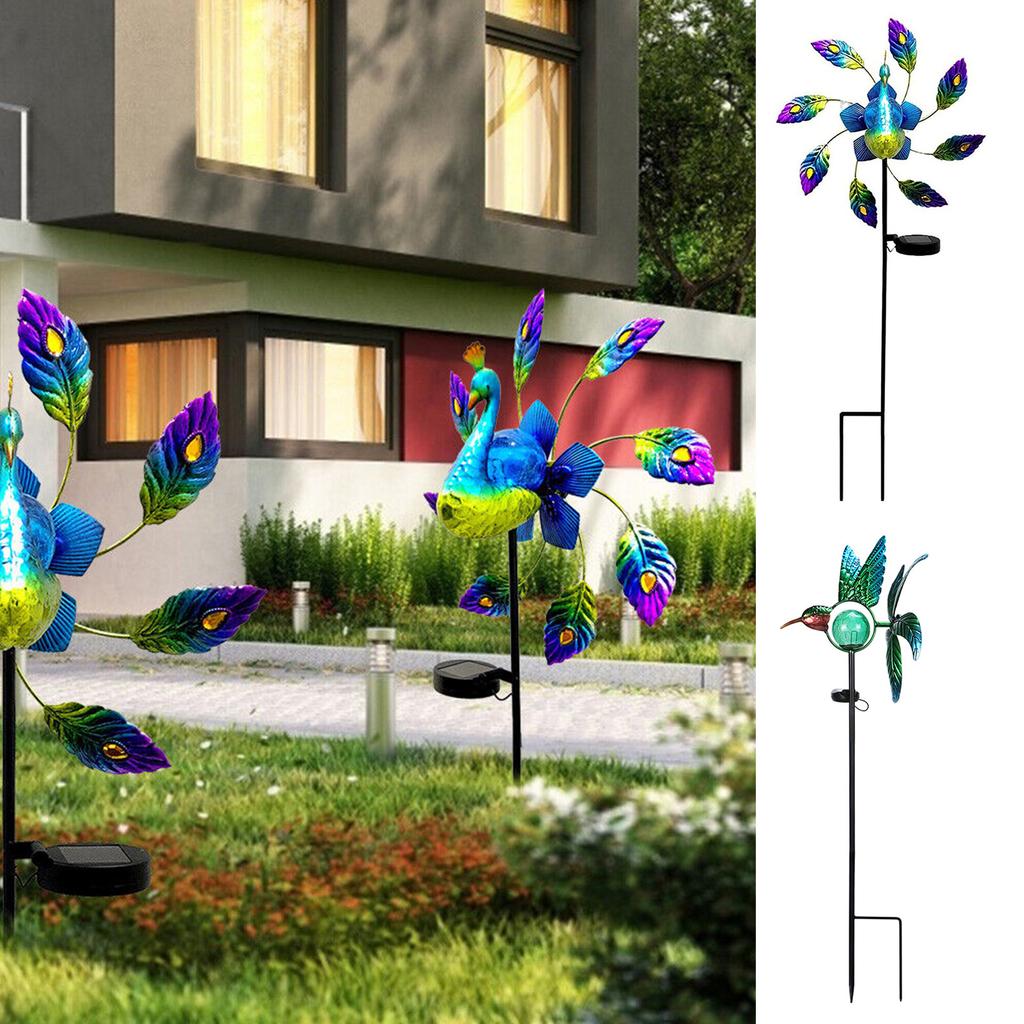 Solar Birds Windmill Light 3D Iron Wind Spinners Ground Plug Light Colorful Lighting Ornaments Home Decor for Courtyard Garden