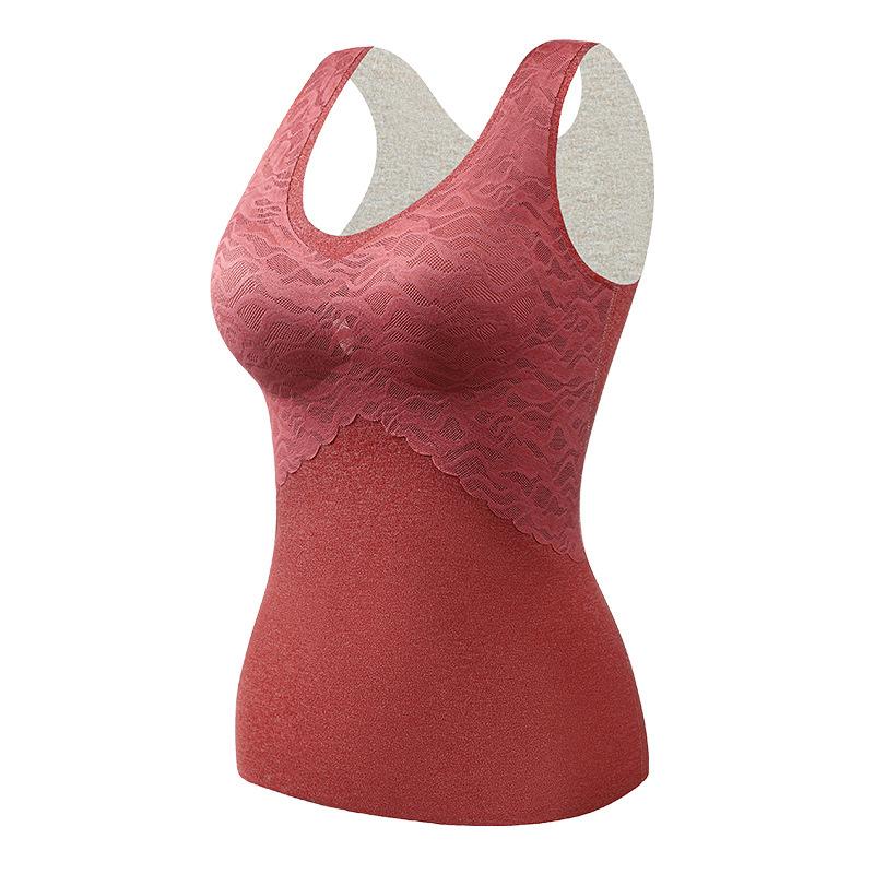 Lace Trim V Neck Thermal Tank Top With Built In Bra M красный